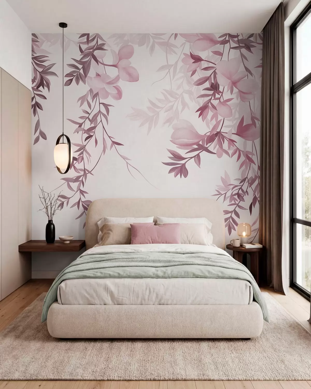 Fotobehang Hangende wilgentakken en zacht bloeiende bloemen in gedempte roze tinten w10081v1