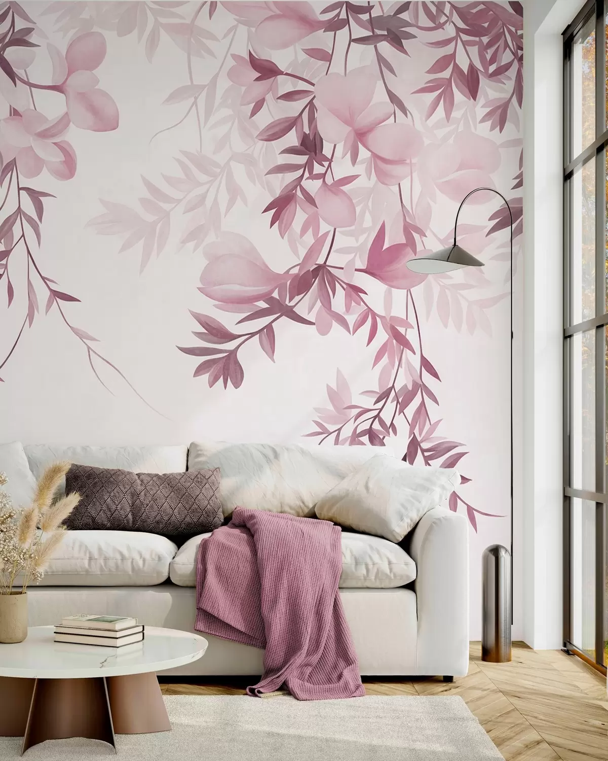Fotobehang Hangende wilgentakken en zacht bloeiende bloemen in gedempte roze tinten w10081v1