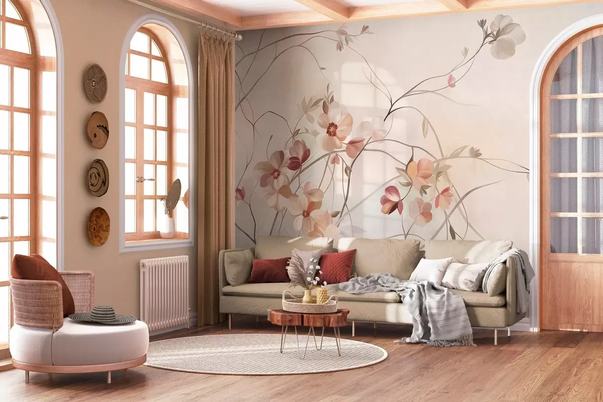 Fotobehang Kronkelende klimplanten met delicate perzikkleurige en crèmekleurige bloemen w10083