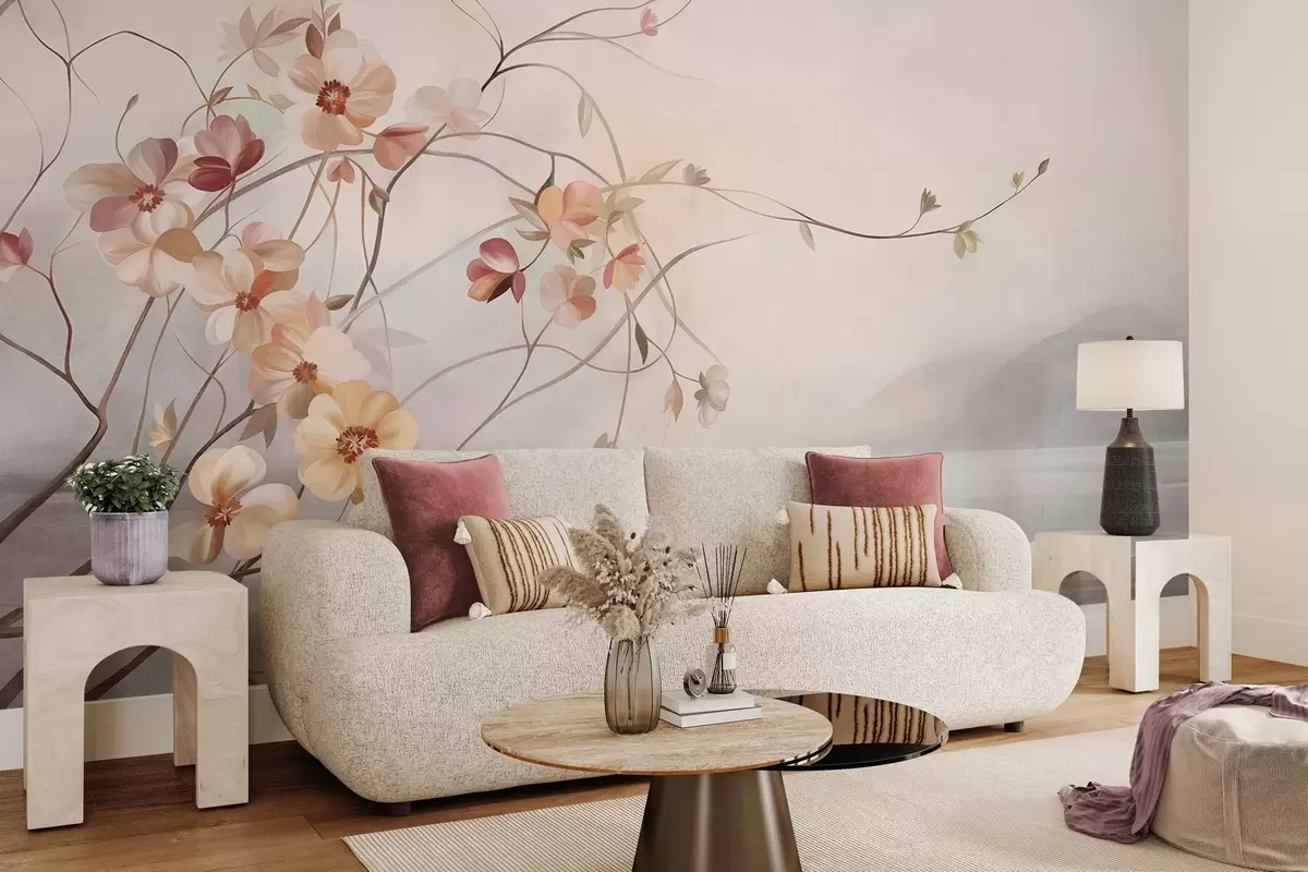 Fotobehang Kronkelende klimplanten met delicate perzikkleurige en crèmekleurige bloemen w10083