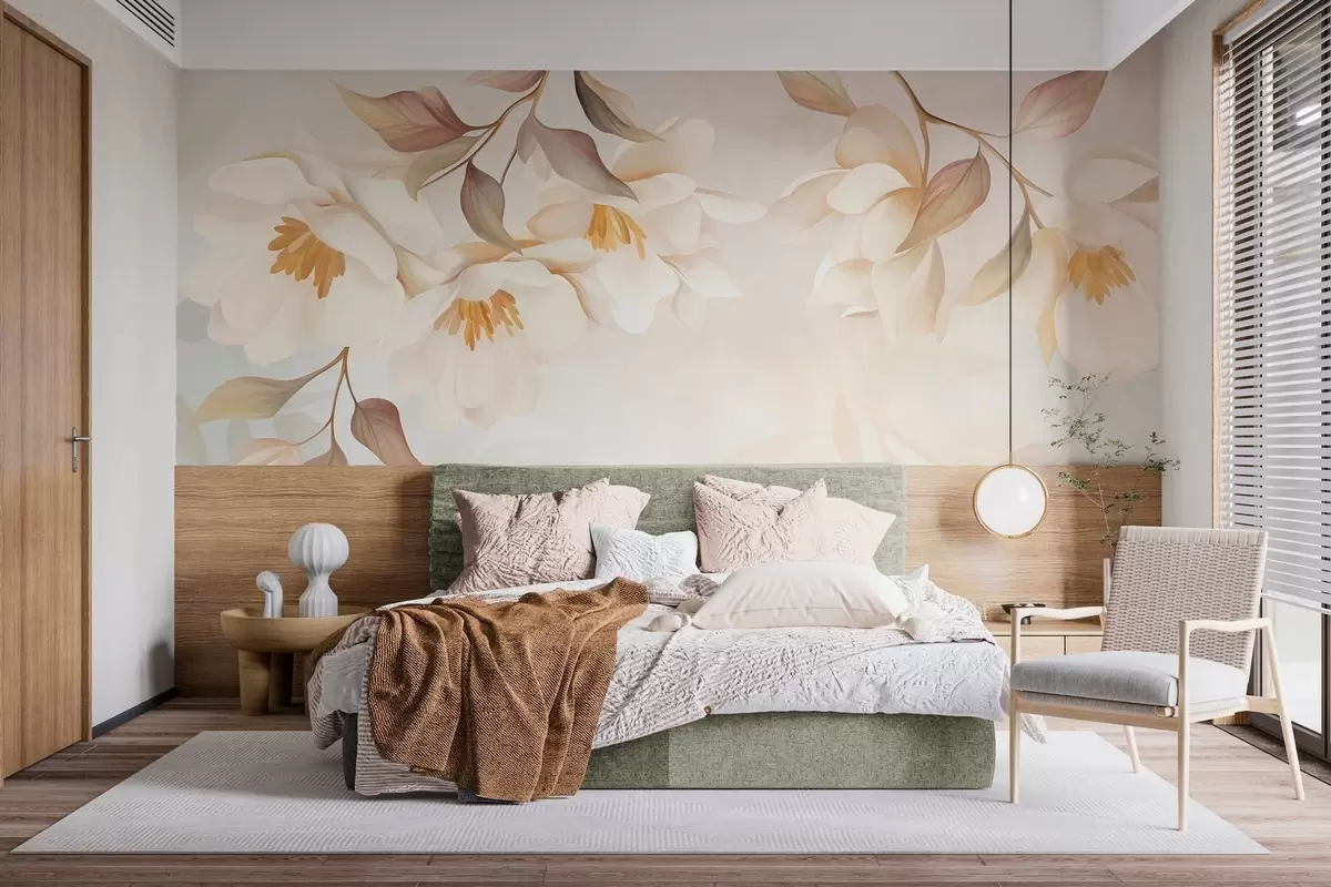 Fotobehang Magnoliabloesems met fijne bruine blaadjes die aan de takken hangen w10086