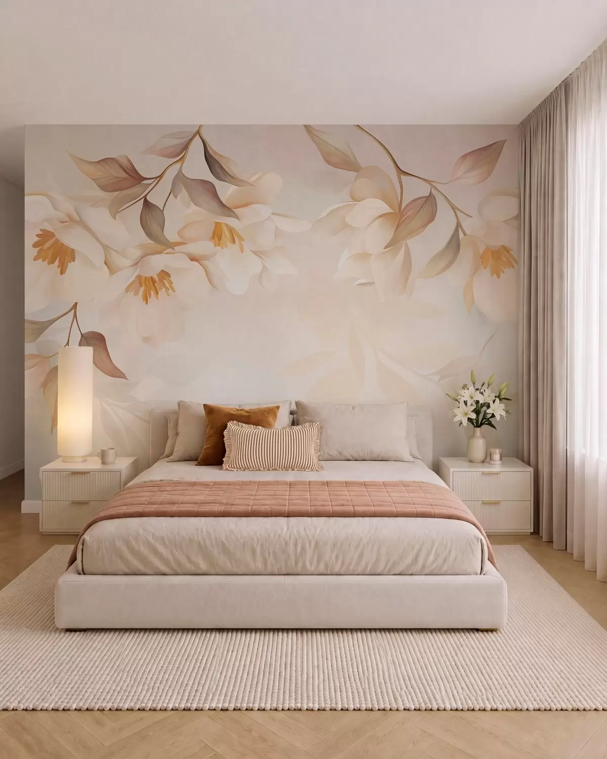 Fotobehang Magnoliabloesems met fijne bruine blaadjes die aan de takken hangen w10086