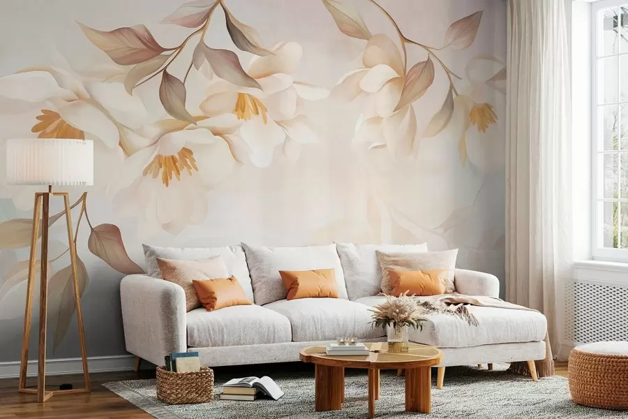 Fotobehang Magnoliabloesems met fijne bruine blaadjes die aan de takken hangen w10086