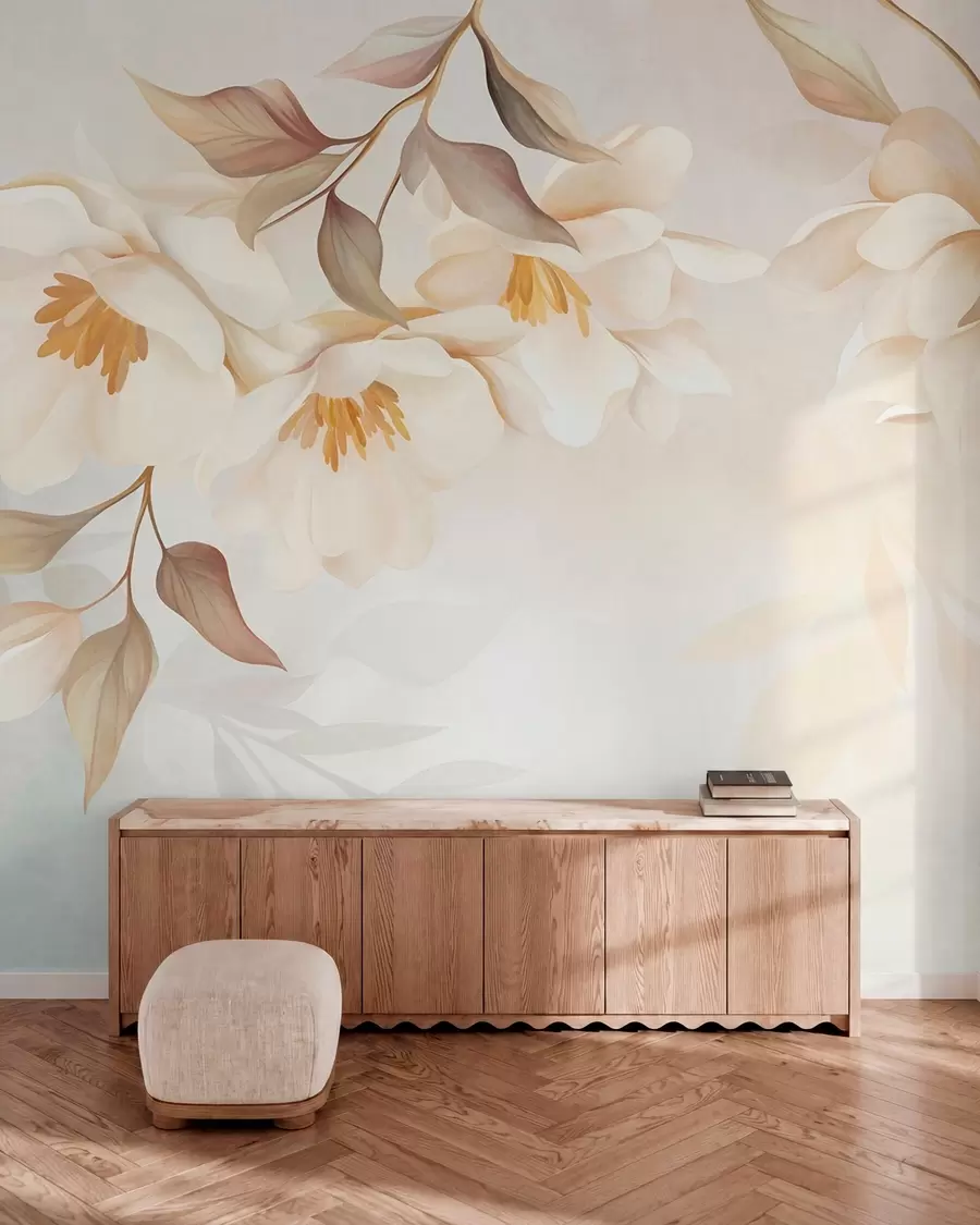 Fotobehang Magnoliabloesems met fijne bruine blaadjes die aan de takken hangen w10086