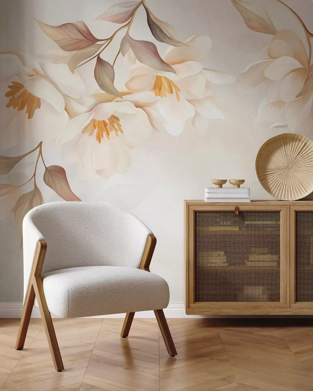 Fotobehang Magnoliabloesems met fijne bruine blaadjes die aan de takken hangen w10086