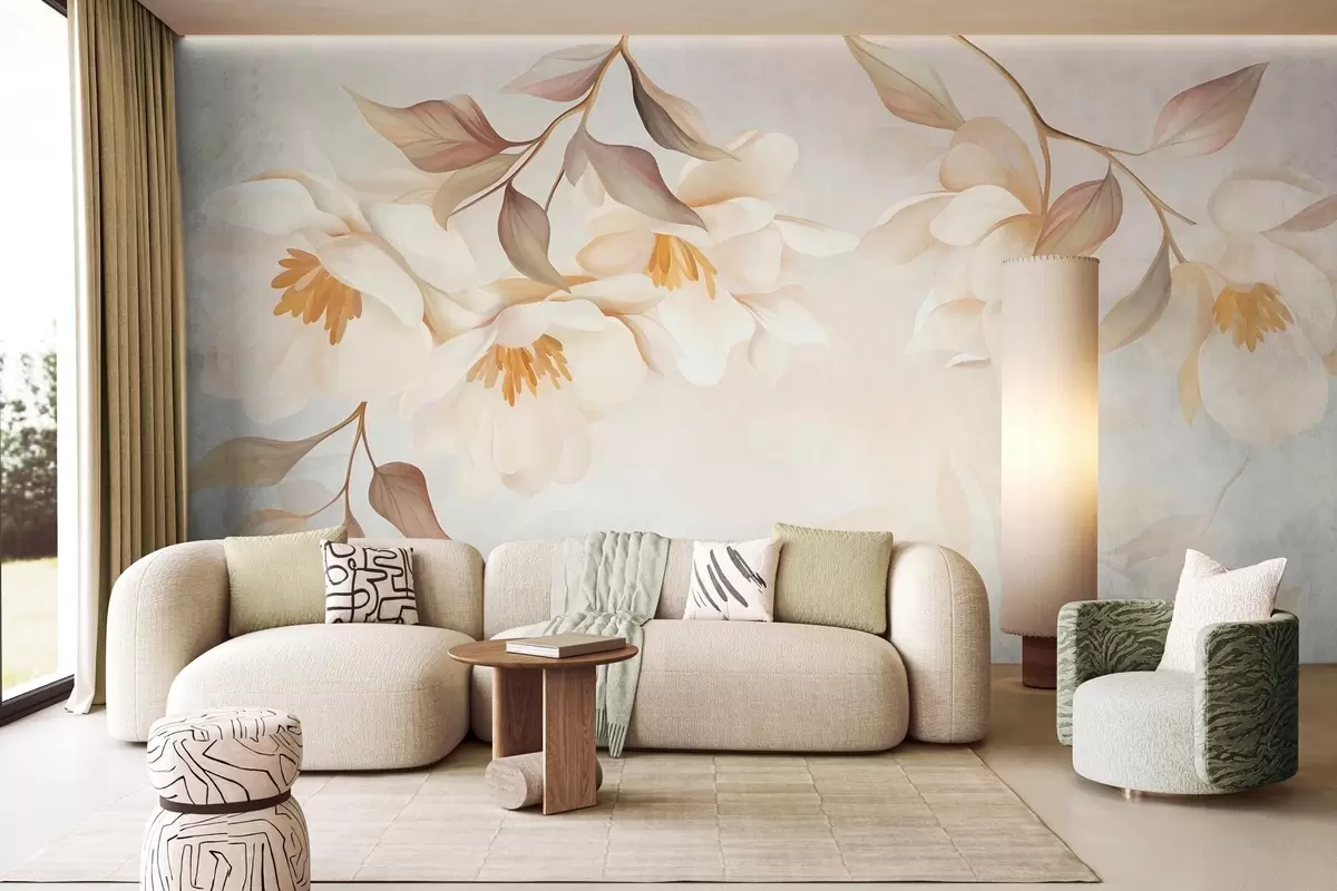 Fotobehang Magnoliabloesems met fijne bruine blaadjes die aan de takken hangen w10086