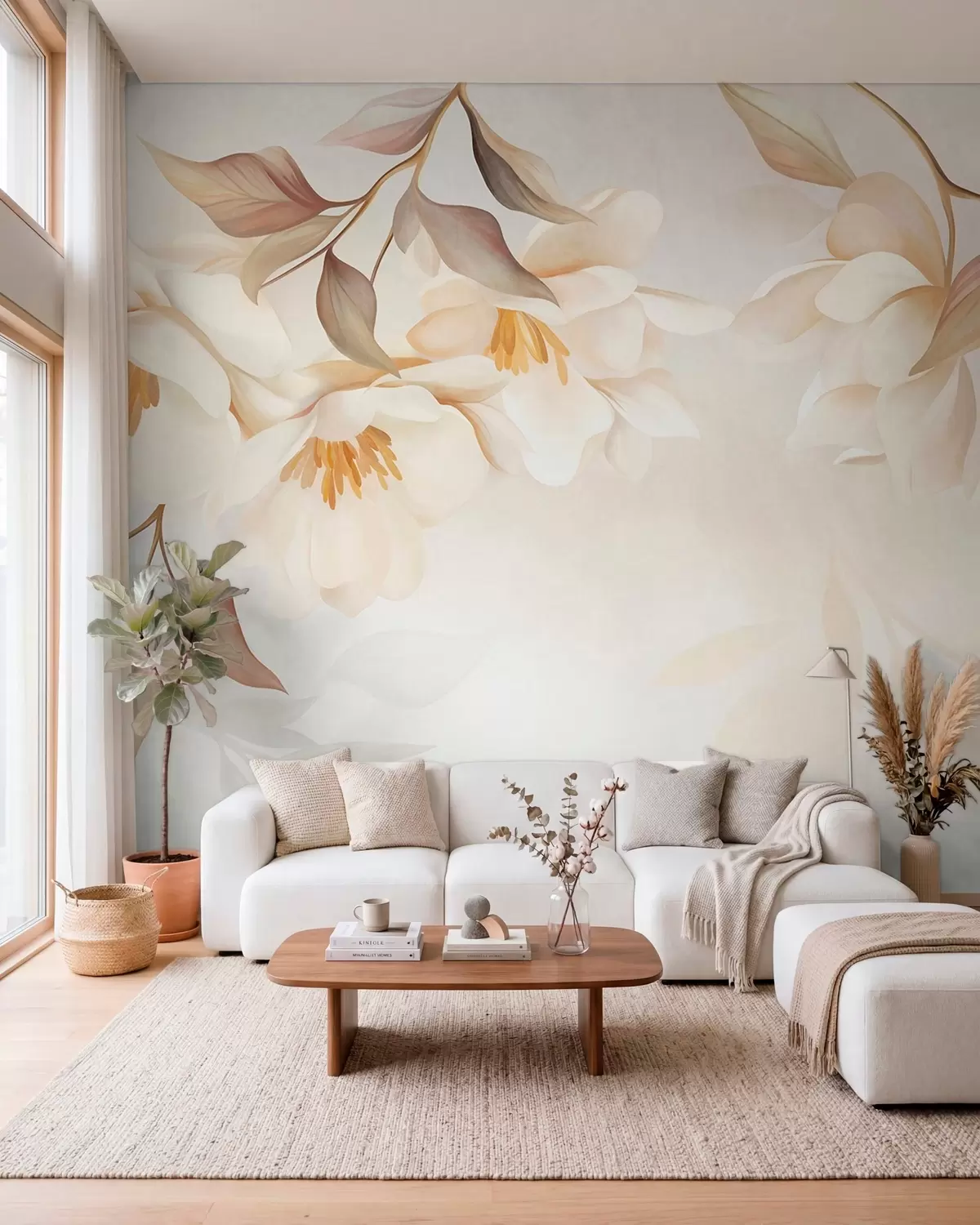 Fotobehang Magnoliabloesems met fijne bruine blaadjes die aan de takken hangen w10086
