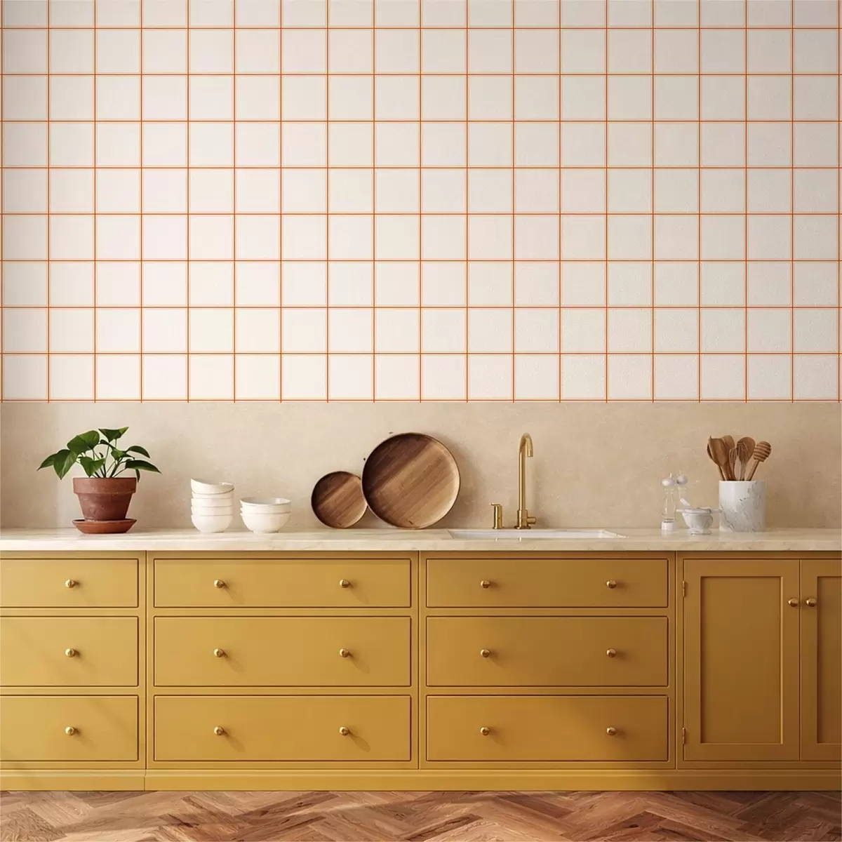 Behang Raster van negen beige vierkanten met terracotta randen a01277