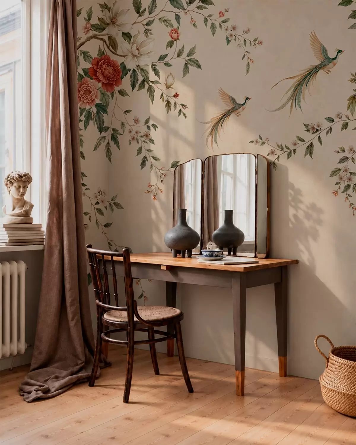 Fotobehang Bloeiende takken en paradijsvogels op een crèmekleurige achtergrond w05955