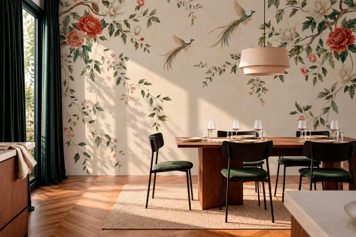 Fotobehang Bloeiende takken en paradijsvogels op een crèmekleurige achtergrond w05955