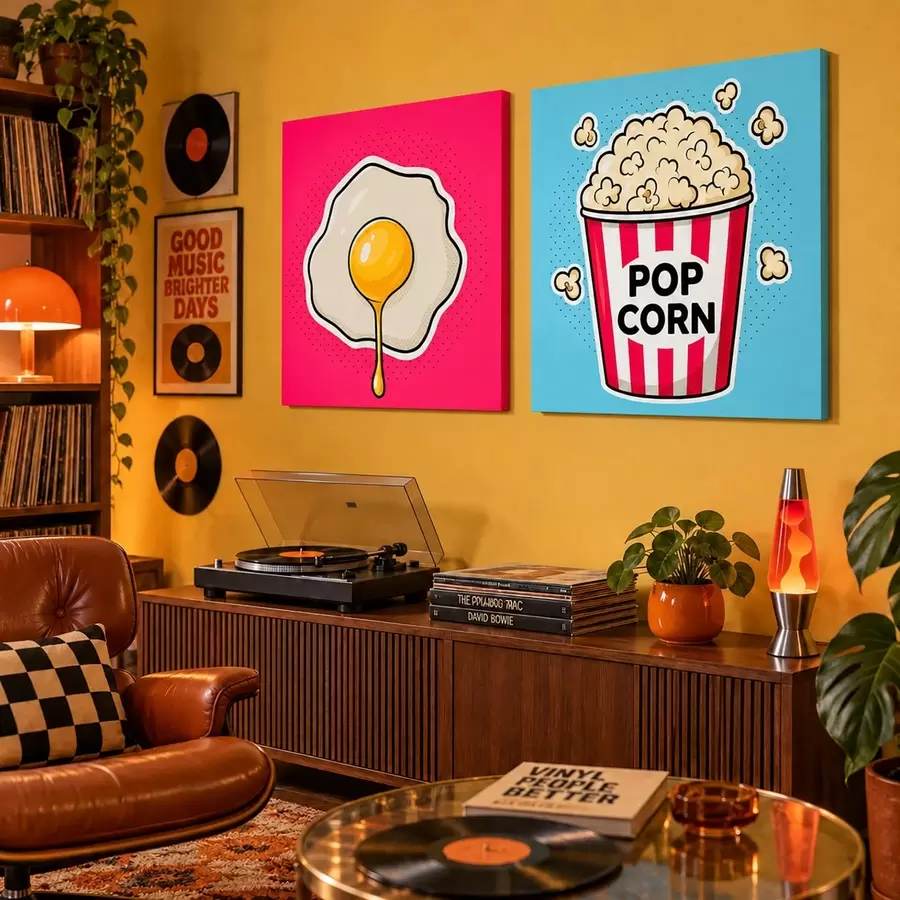 Fotobehang Combinatie van kunstwerken met gebakken eieren en popcorn m31076