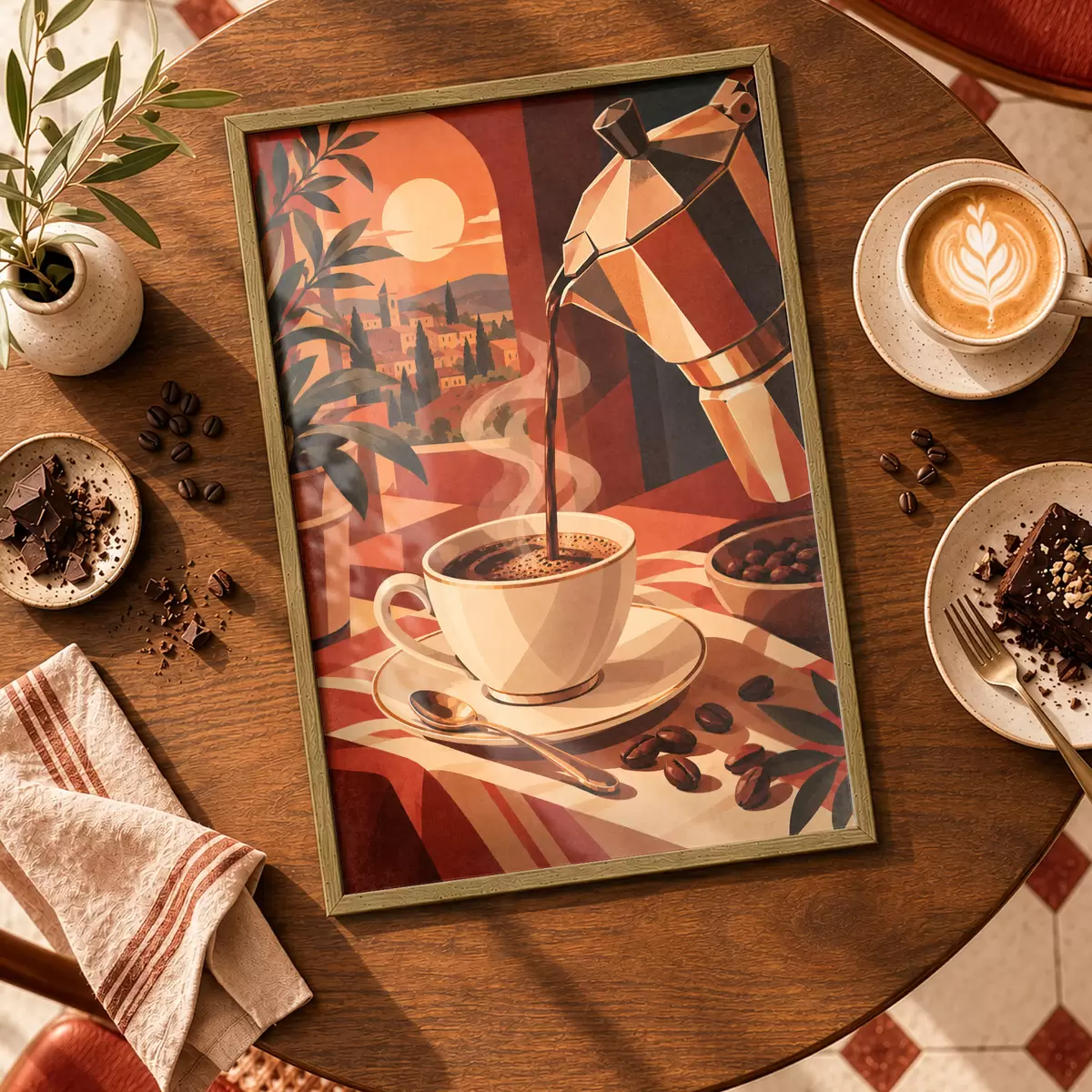 Poster Een kopje koffie in de ochtend met een prachtig uitzicht f50877