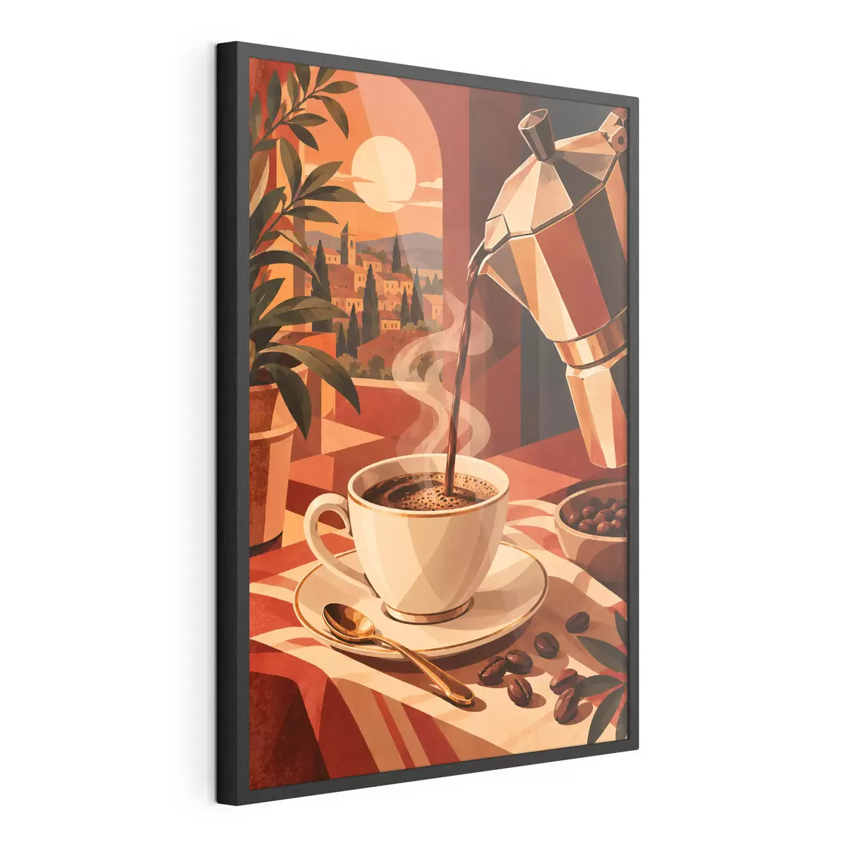 Poster Een kopje koffie in de ochtend met een prachtig uitzicht f50877