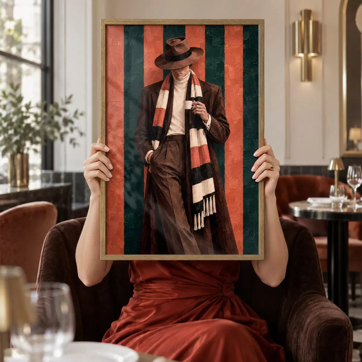 Affiche Une silhouette élégante, une tasse à la main f50884