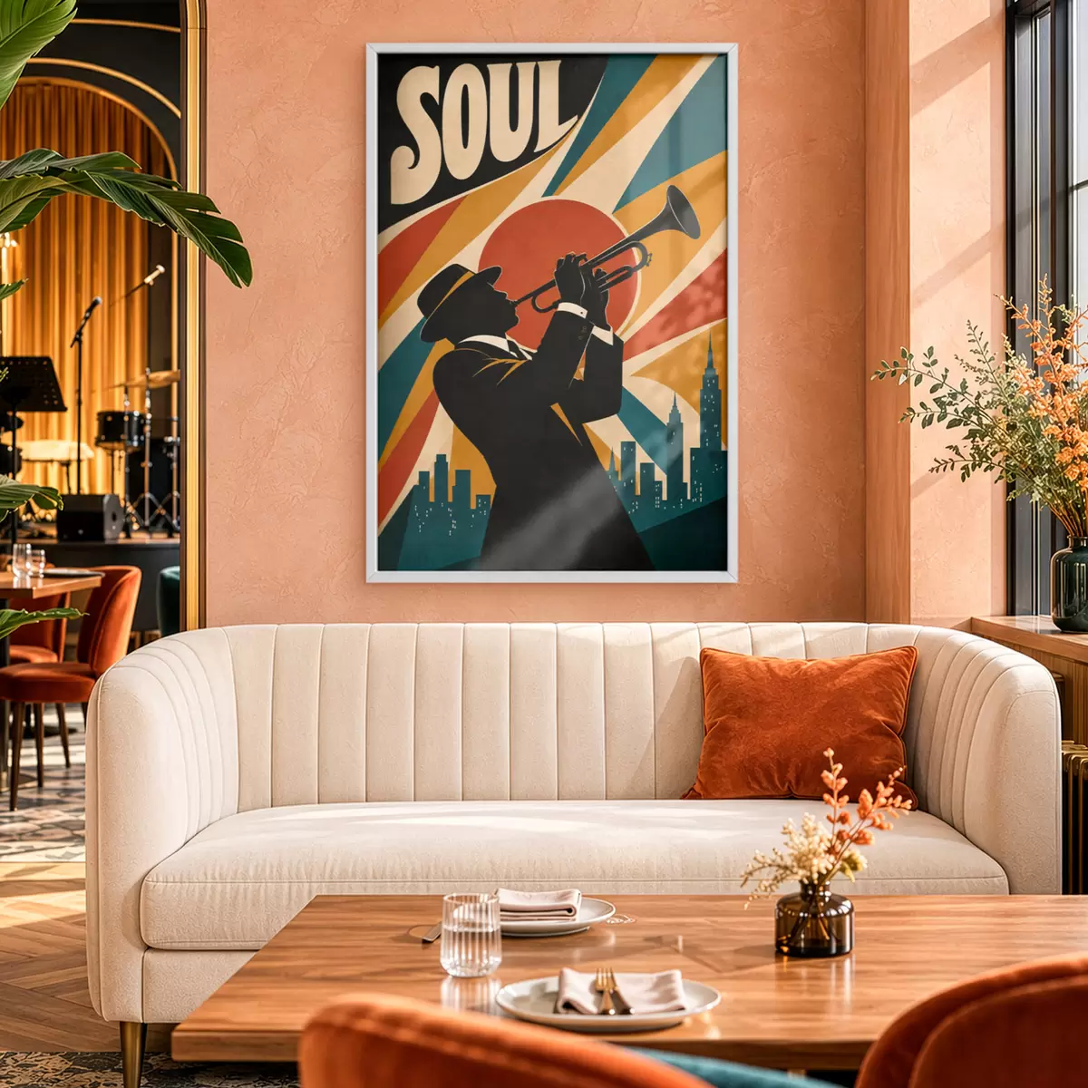 Poster Jazz weerklinkt door de skyline van de stad f50925