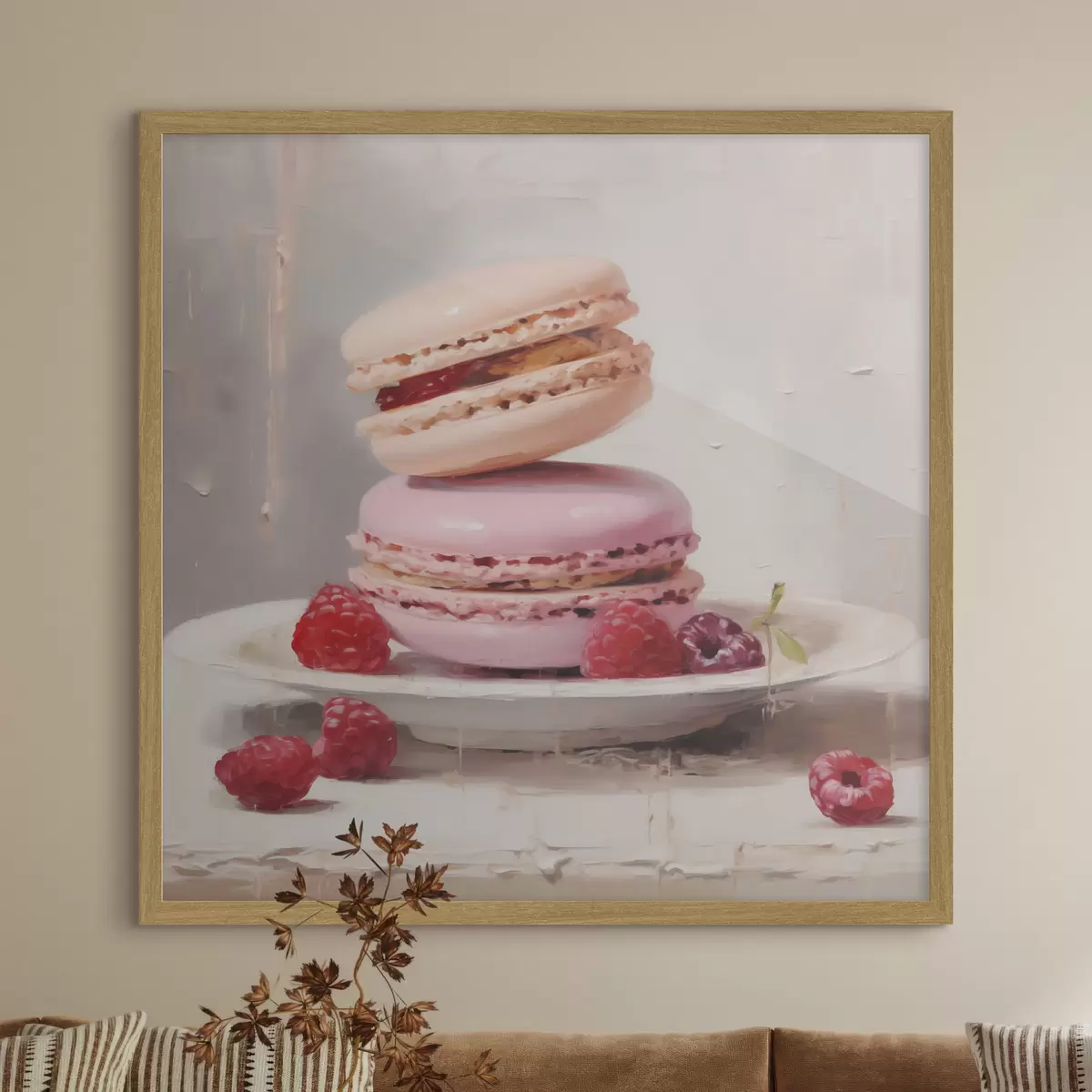 Poster Macarons op een bord, in de stijl van een schilderij f51143