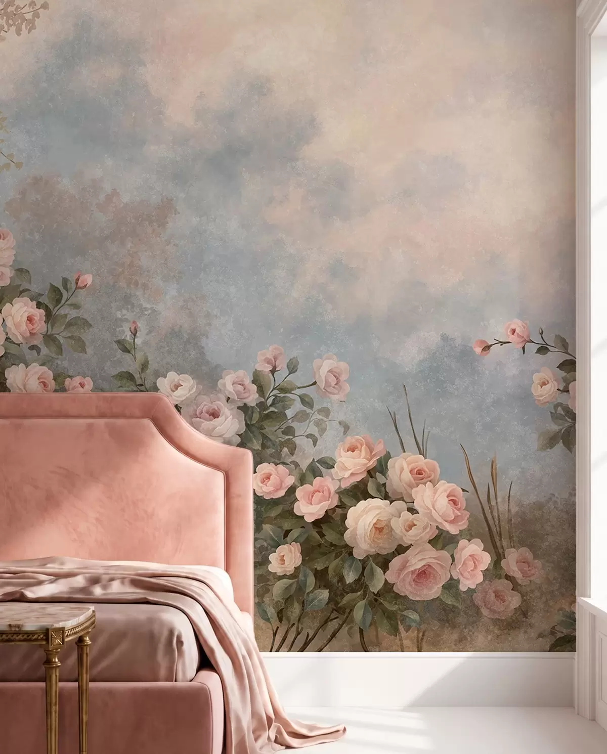 Fotobehang Weelderige roze rozenstruiken tegen een mistig landschap w05888
