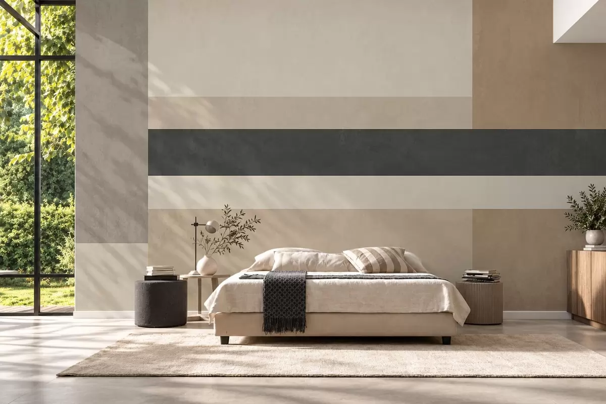 Fotobehang Abstracte rechthoeken in warme beige tinten met een donkere streep w05890