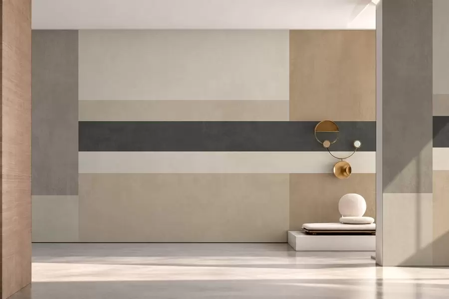 Fotobehang Abstracte rechthoeken in warme beige tinten met een donkere streep w05890