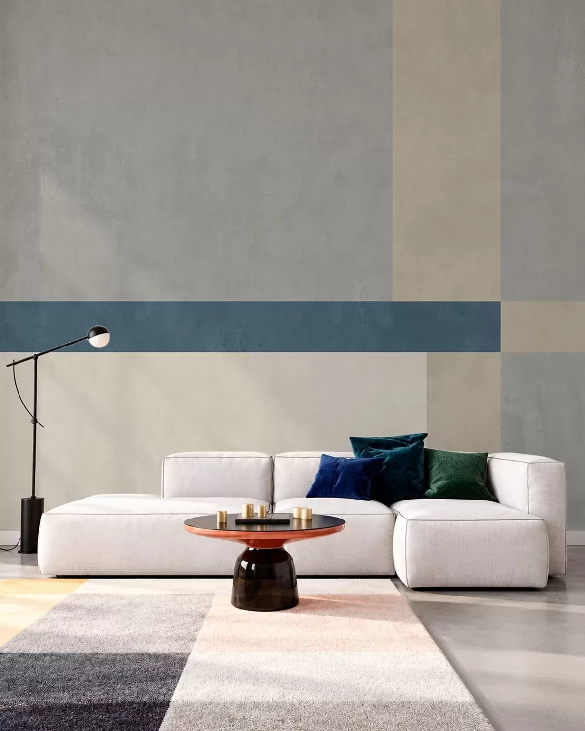 Fotobehang Geometrische blokken in grijze en beige tinten met een blauwe streep w05891v1