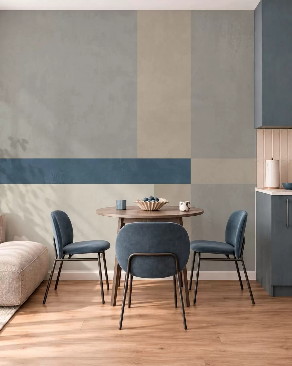 Fotobehang Geometrische blokken in grijze en beige tinten met een blauwe streep w05891v1