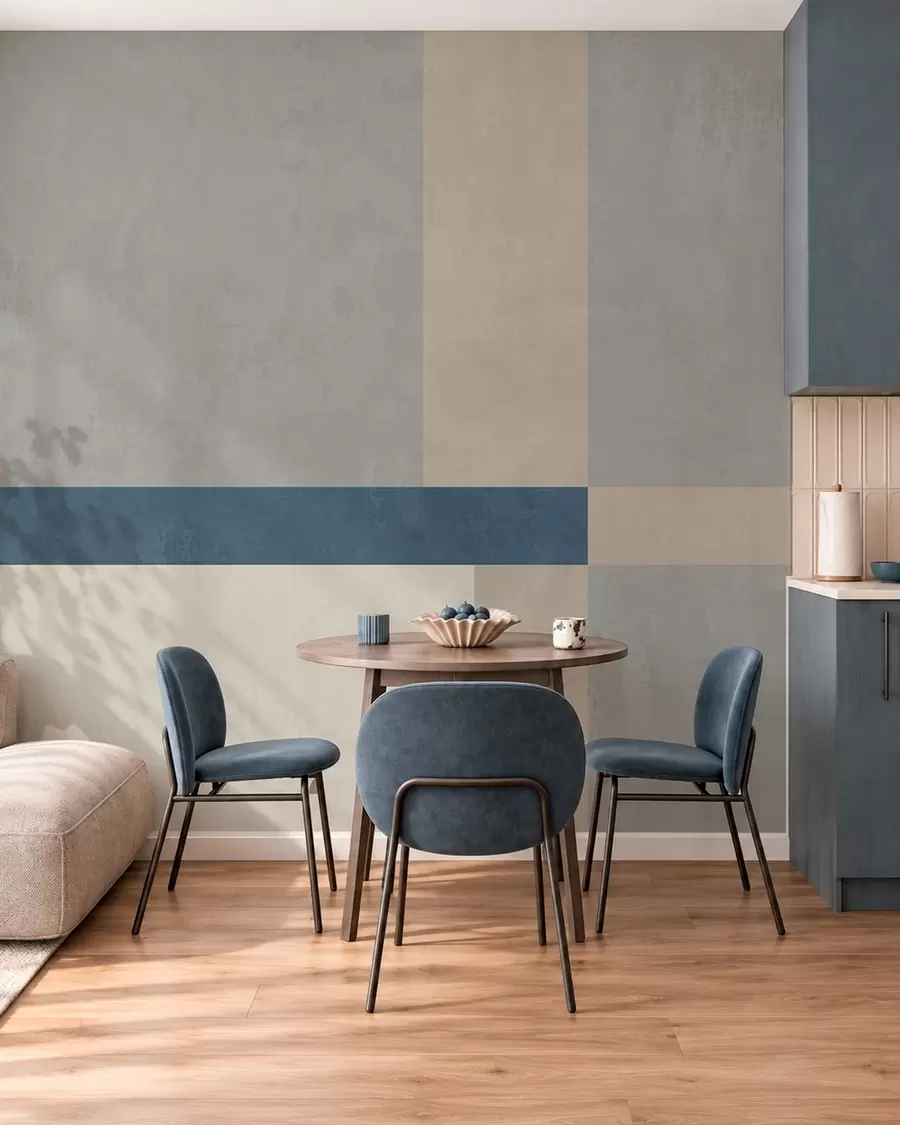 Fotobehang Geometrische blokken in grijze en beige tinten met een blauwe streep w05891v1