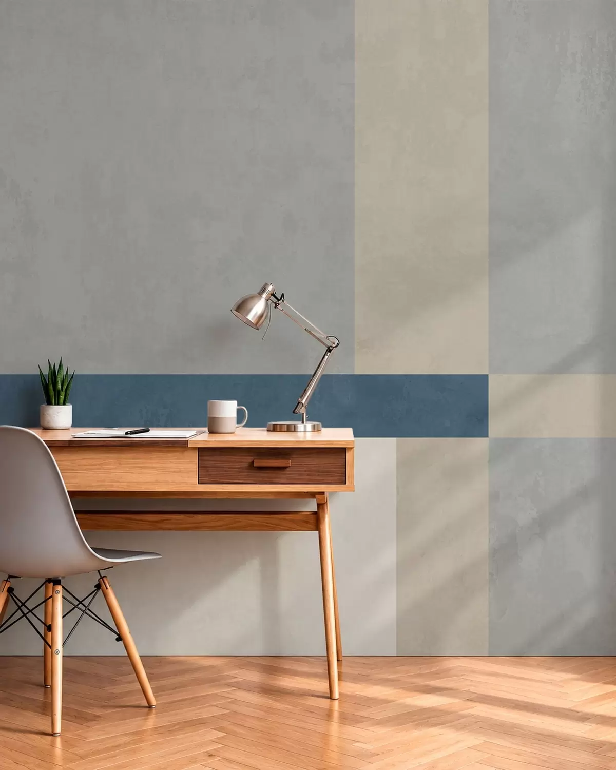 Fotobehang Geometrische blokken in grijze en beige tinten met een blauwe streep w05891v1