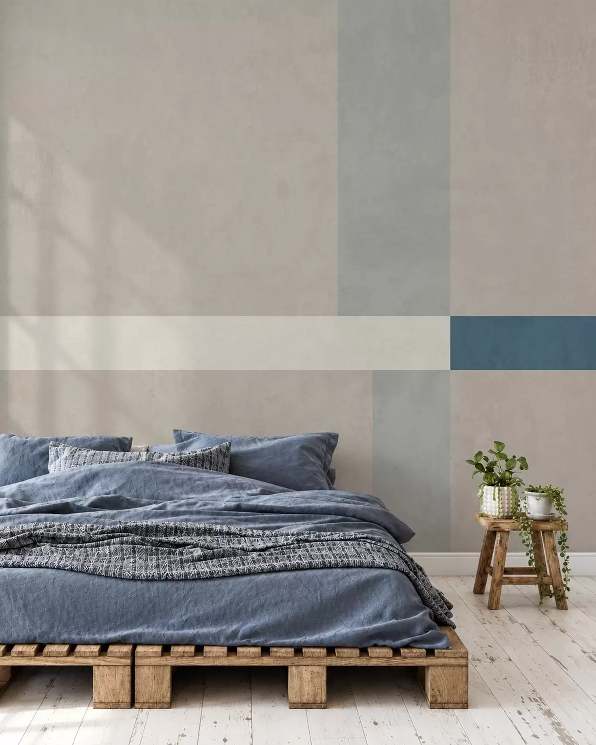 Fotobehang Abstracte beige en grijze rechthoeken met een blauw accent w05891v2