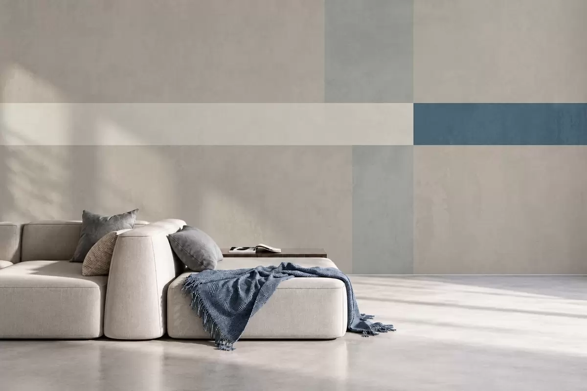 Fotobehang Abstracte beige en grijze rechthoeken met een blauw accent w05891v2