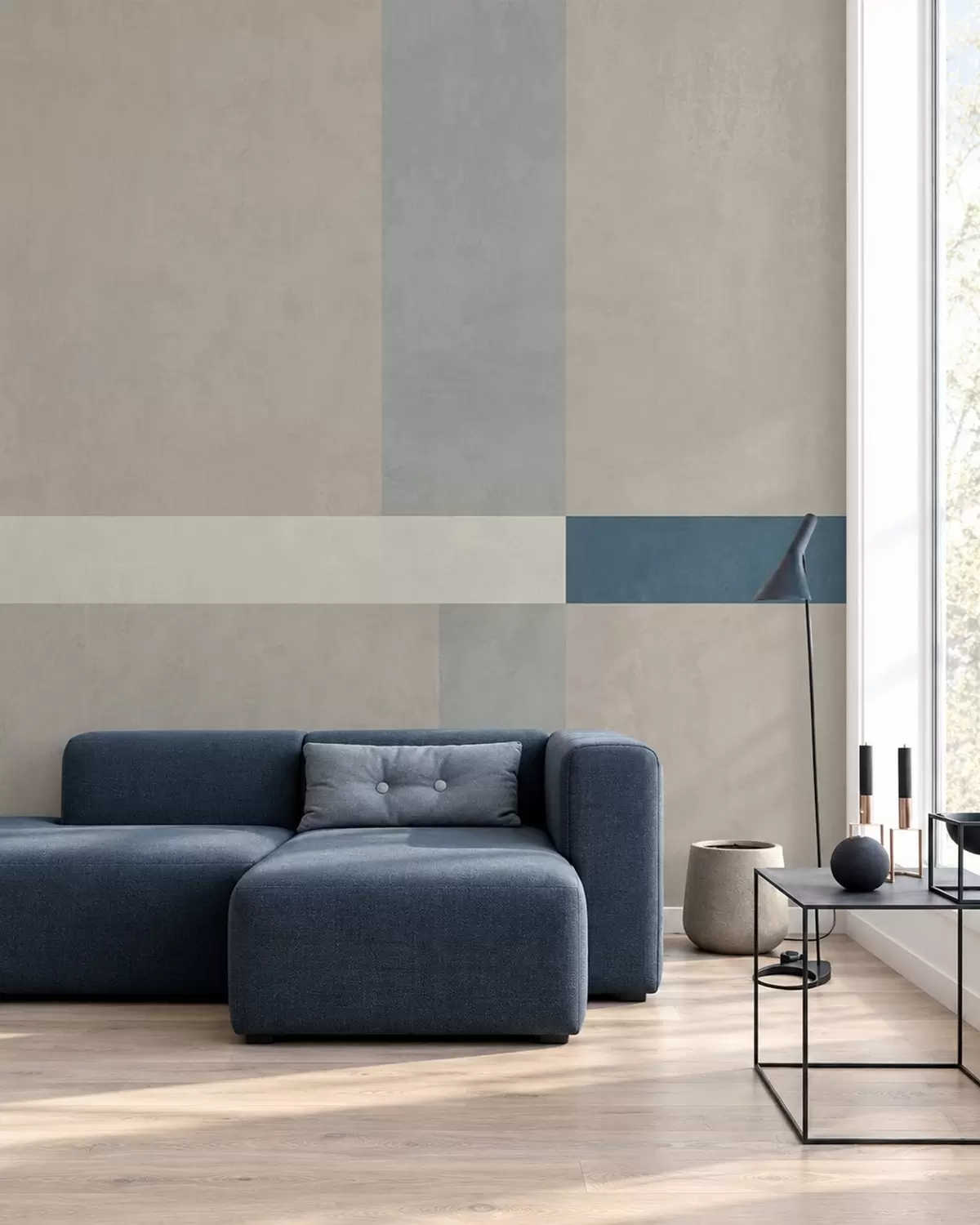 Fotobehang Abstracte beige en grijze rechthoeken met een blauw accent w05891v2