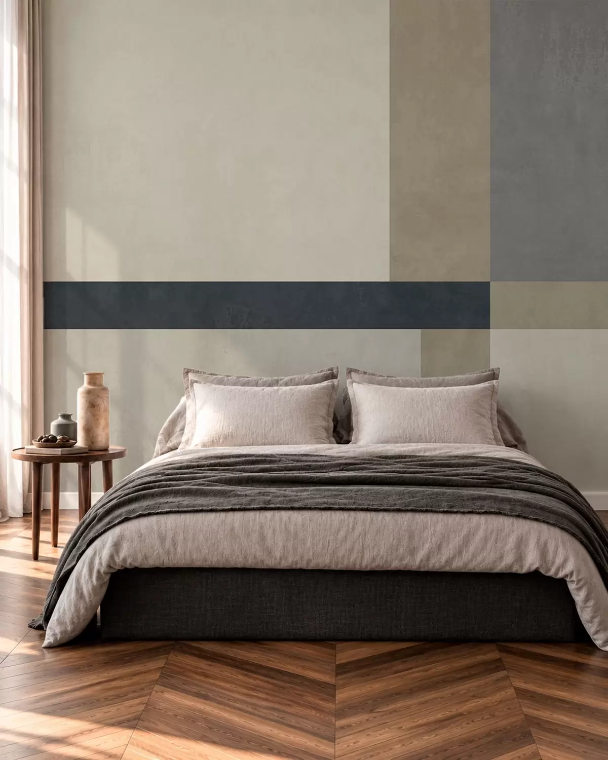 Fotobehang Geometrische compositie van beige en grijze blokken met een donkere streep w05891v3