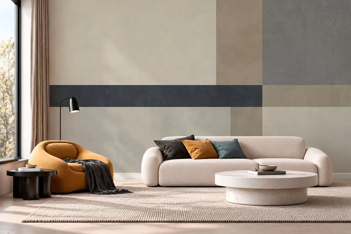 Fotobehang Geometrische compositie van beige en grijze blokken met een donkere streep w05891v3