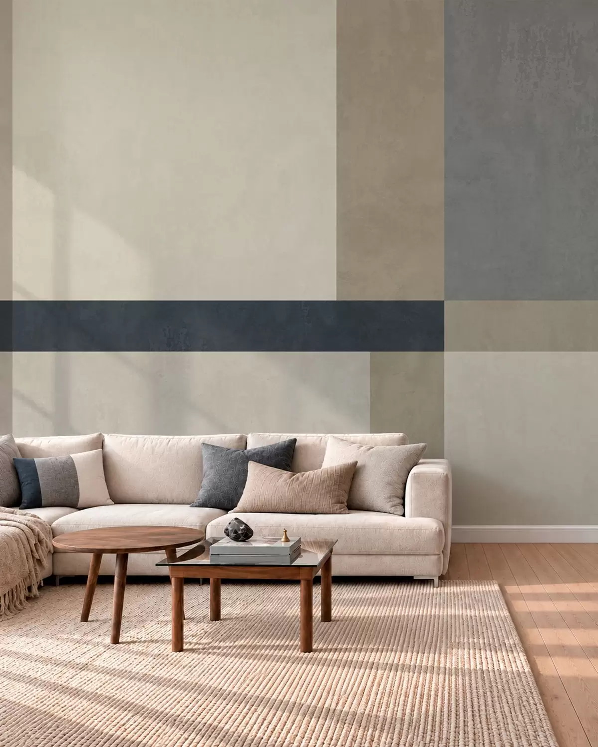 Fotobehang Geometrische compositie van beige en grijze blokken met een donkere streep w05891v3