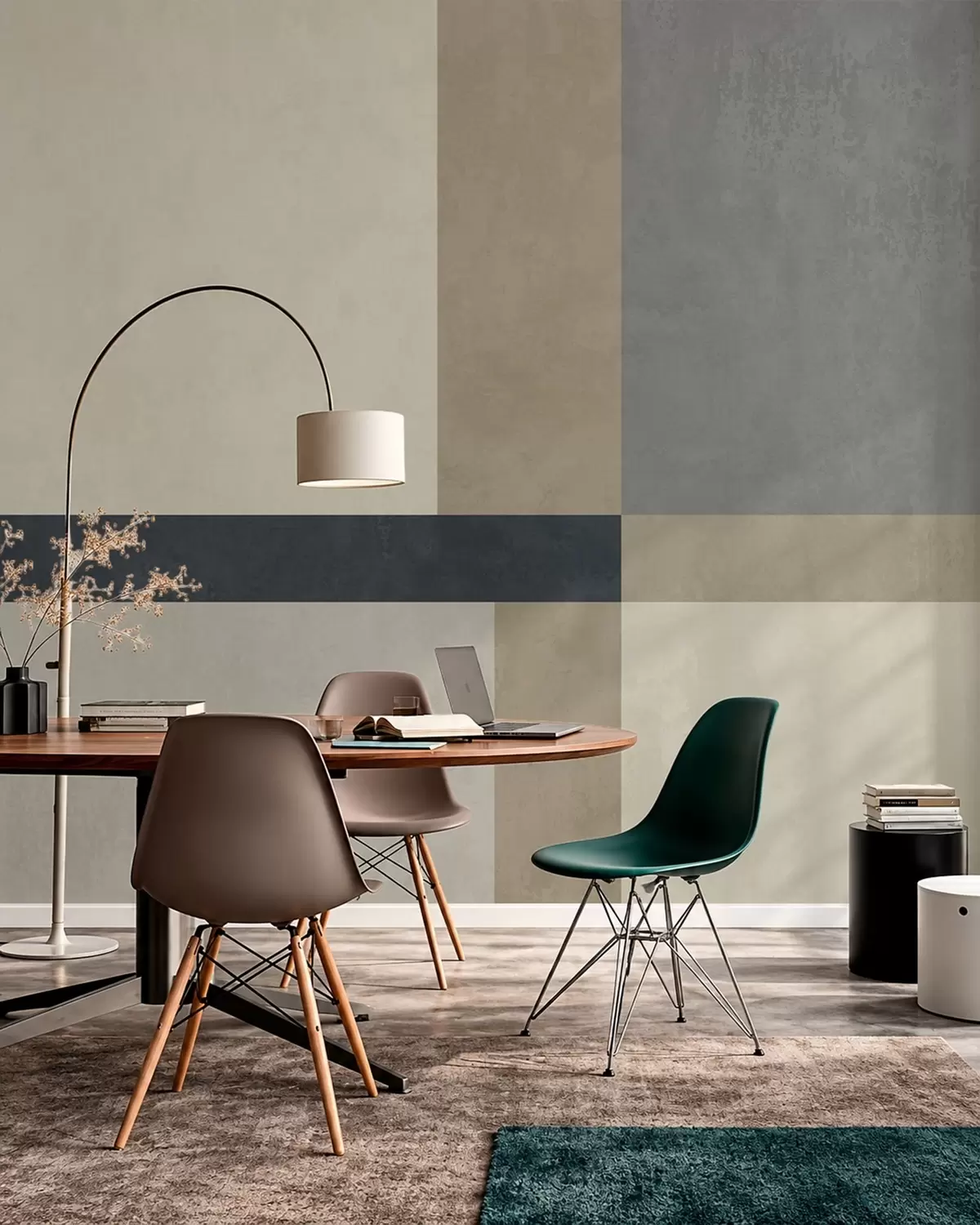 Fotobehang Geometrische compositie van beige en grijze blokken met een donkere streep w05891v3