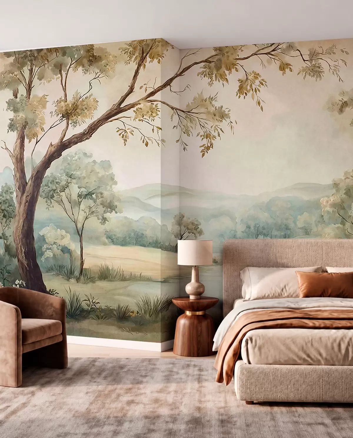 Fotobehang Een subtiel landschap met bomen, een meer en heuvels in de verte w05957
