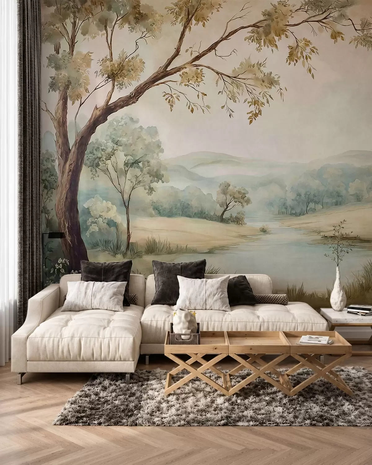 Fotobehang Een subtiel landschap met bomen, een meer en heuvels in de verte w05957