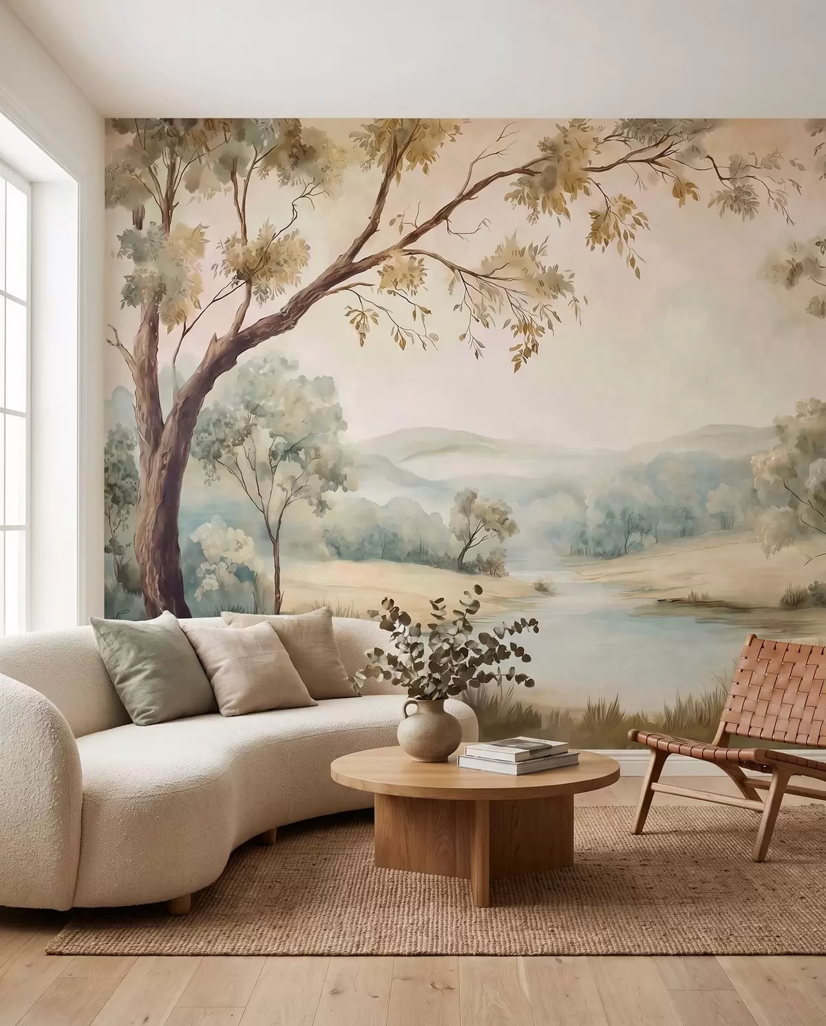 Fotobehang Een subtiel landschap met bomen, een meer en heuvels in de verte w05957