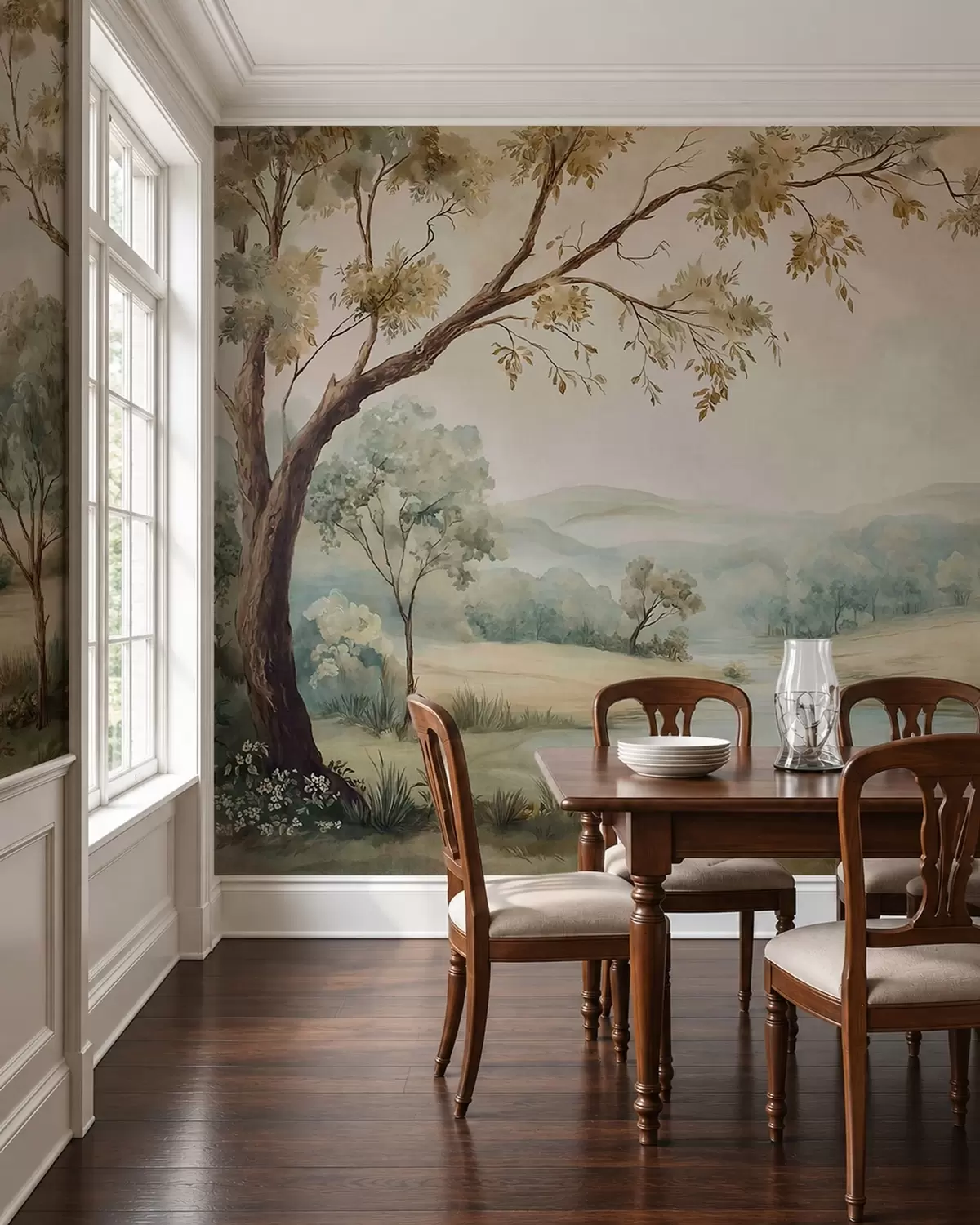 Fotobehang Een subtiel landschap met bomen, een meer en heuvels in de verte w05957
