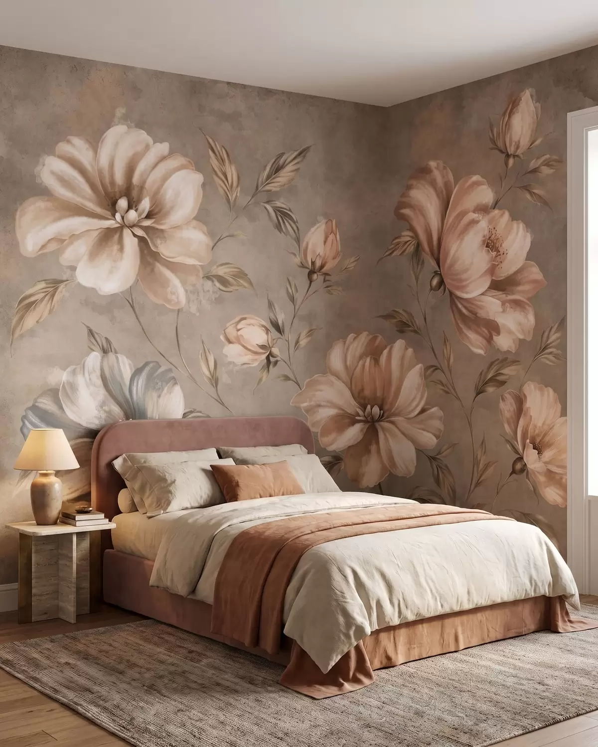 Papier peint photo Grandes fleurs de couleur crème et beige, accompagnées de feuilles w05958