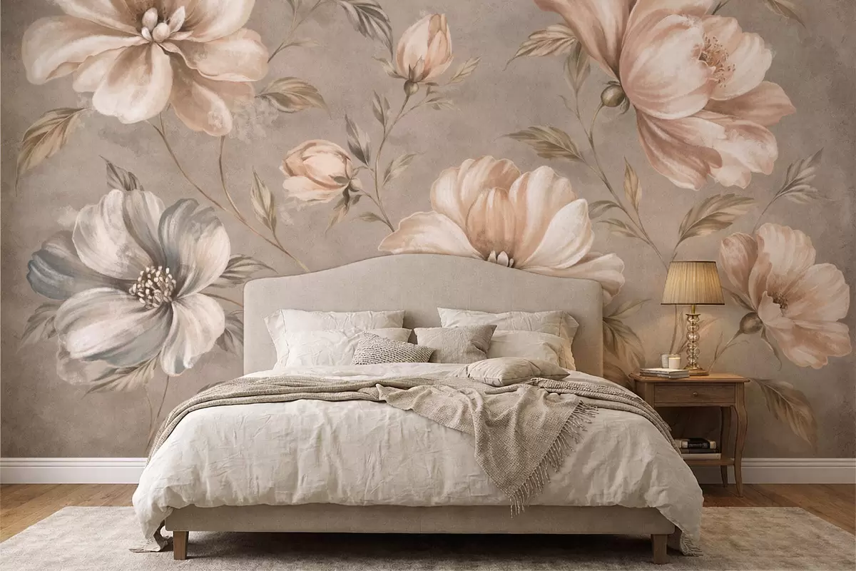 Fotobehang Grote crèmekleurige en beige bloemen met bladeren w05958