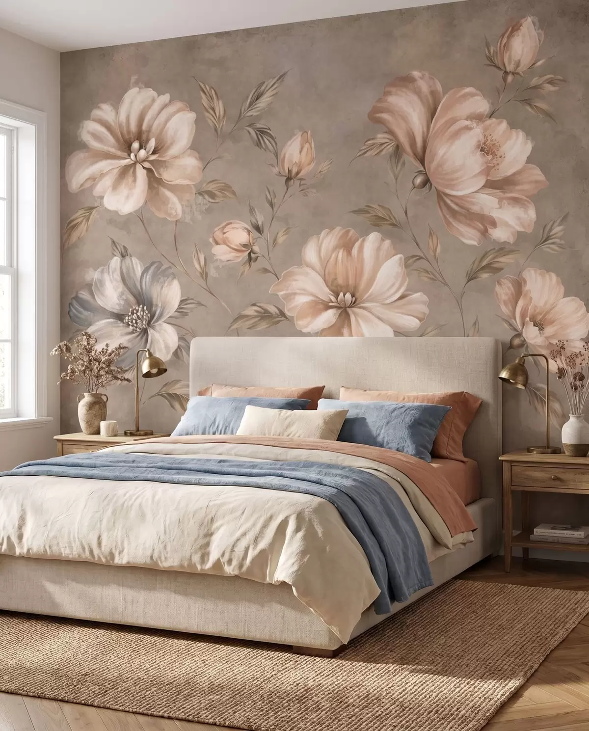 Papier peint photo Grandes fleurs de couleur crème et beige, accompagnées de feuilles w05958
