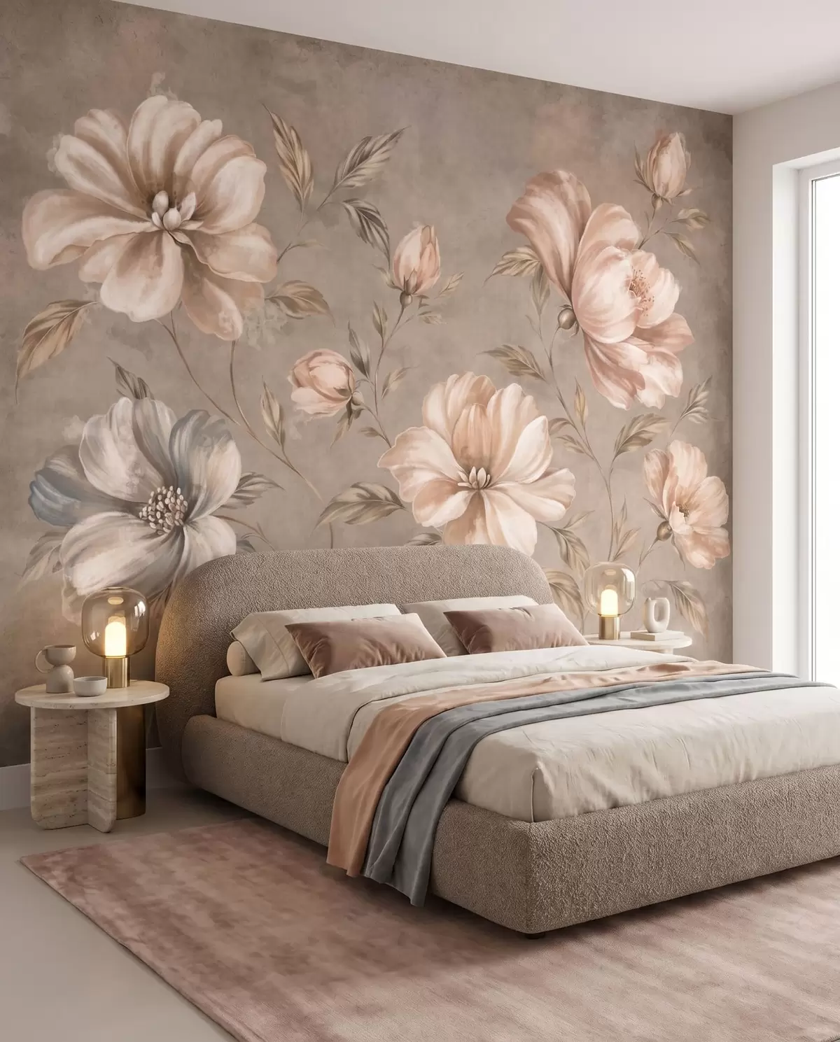 Papier peint photo Grandes fleurs de couleur crème et beige, accompagnées de feuilles w05958