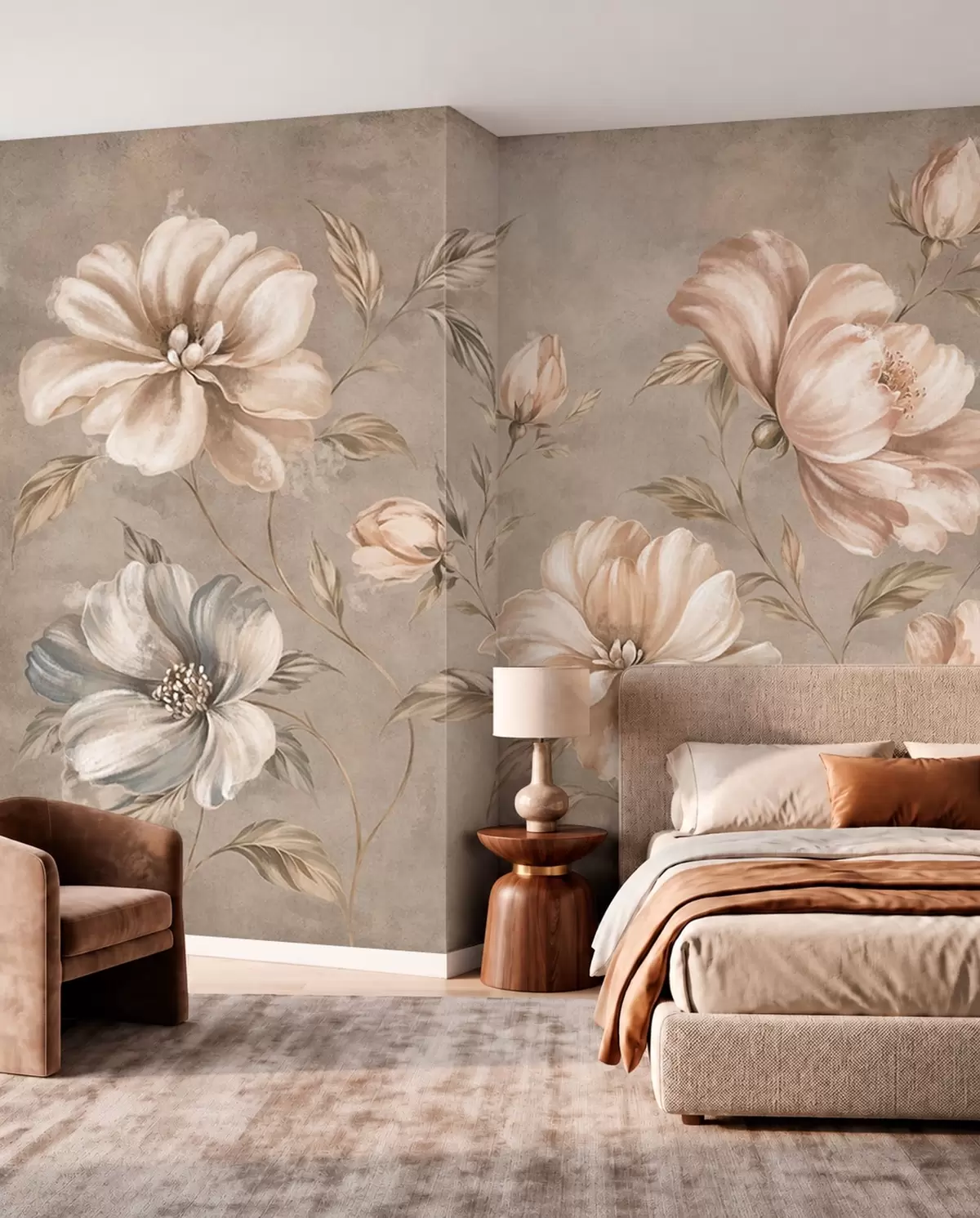 Papier peint photo Grandes fleurs de couleur crème et beige, accompagnées de feuilles w05958