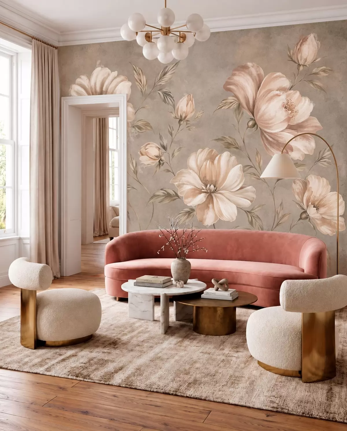 Papier peint photo Grandes fleurs de couleur crème et beige, accompagnées de feuilles w05958
