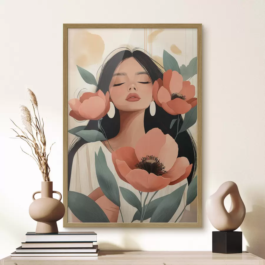 Fotobehang Een meisje met klaprozen f51050