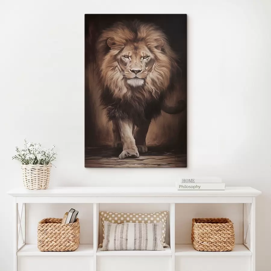 Fotobehang Majestueuze leeuw in een donker interieur s51087