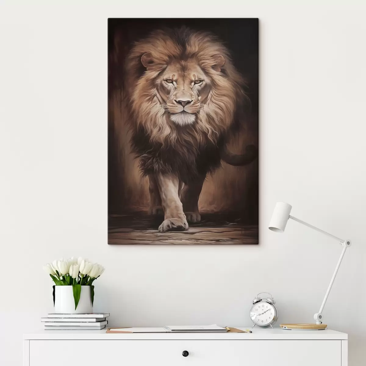  Peintures Un lion majestueux dans un intérieur sombre s51087