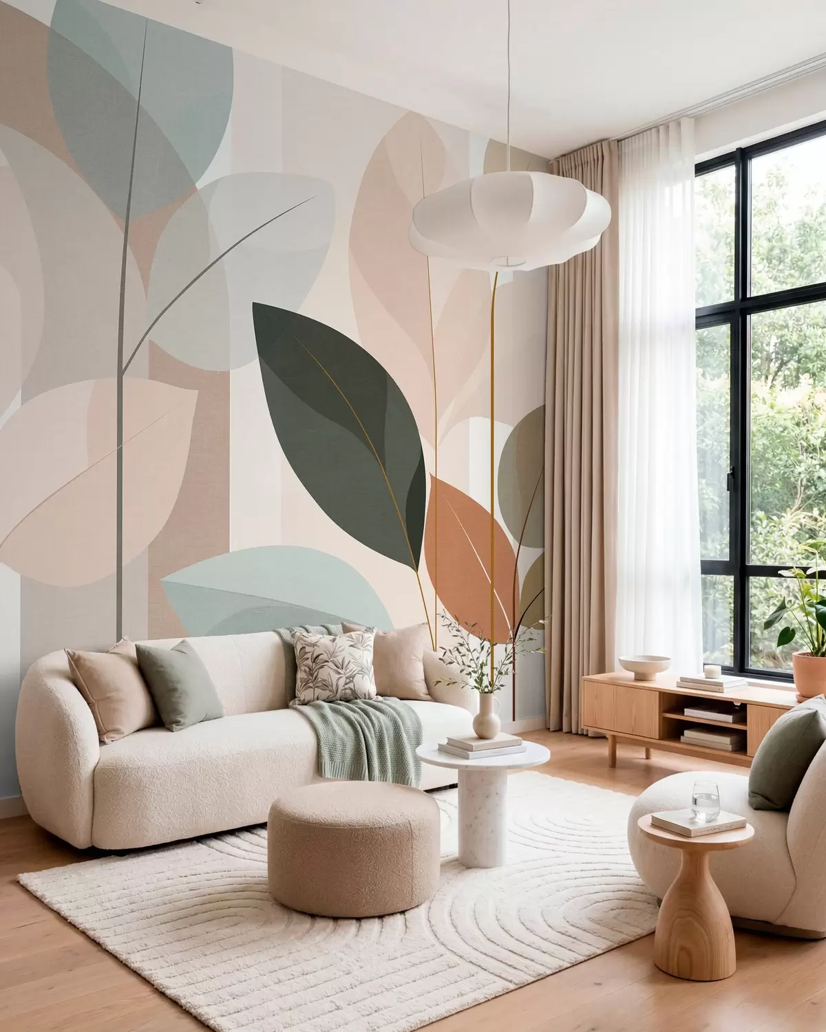 Fotobehang een abstract ontwerp met bladeren in een mat geweven patroon, in tinten beige, terracotta en perzik w05986