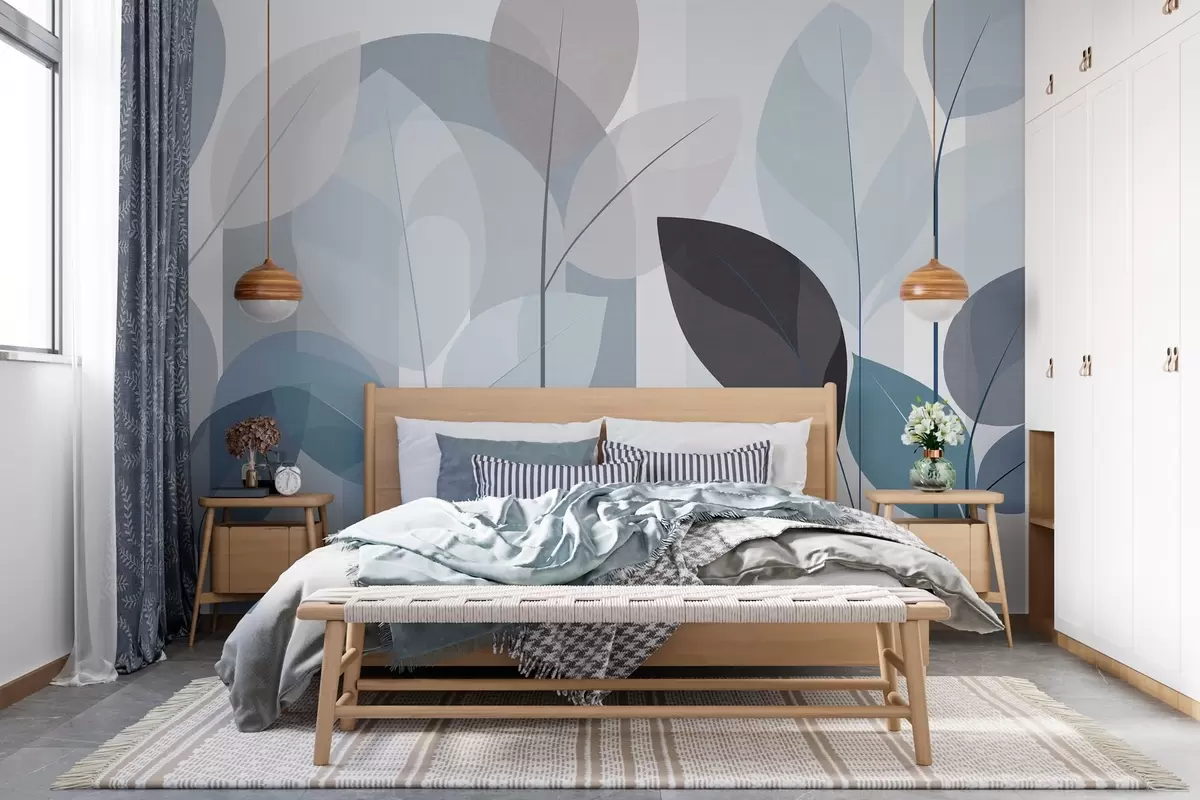 Fotobehang een abstract ontwerp met bladeren in een mat geweven stijl in blauwtinten w05986v2