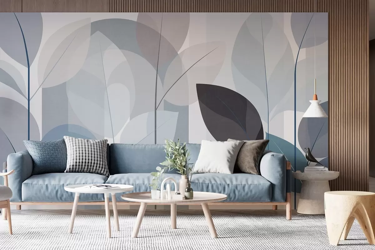 Fotobehang een abstract ontwerp met bladeren in een mat geweven stijl in blauwtinten w05986v2
